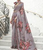 Grey colour crepe silk blend digital print saree