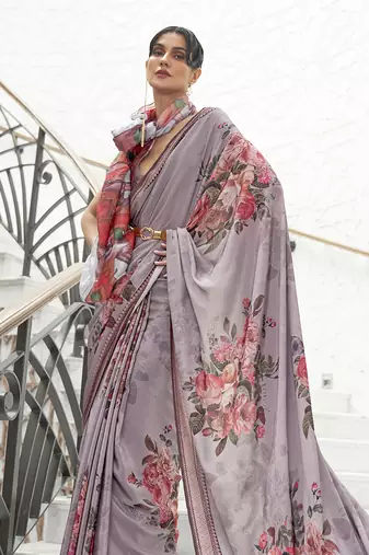 Grey colour crepe silk blend digital print saree