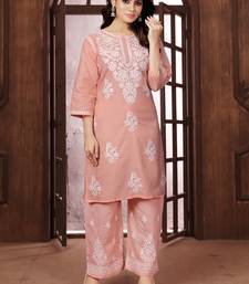 Peach heavy cotton white thread work embroidered lucknowi chikankari mid-length straight kurta
