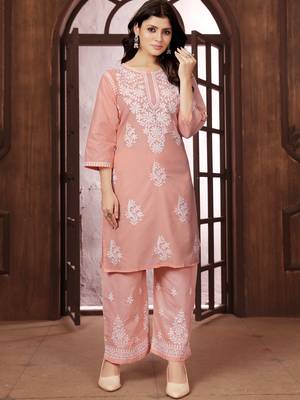 Peach heavy cotton white thread work embroidered lucknowi chikankari mid-length straight kurta 2