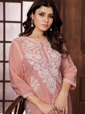 Peach heavy cotton white thread work embroidered lucknowi chikankari mid-length straight kurta 3