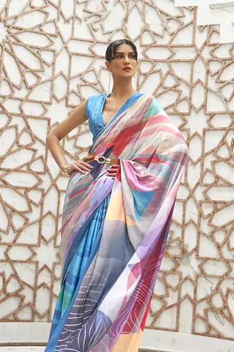 Blue colour crepe silk blend digital print saree