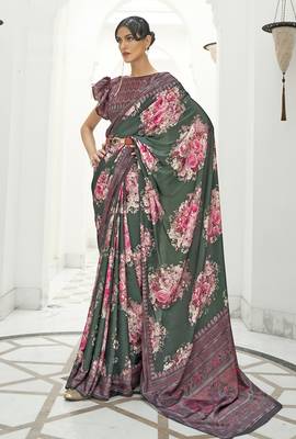 Dark green colour crepe silk blend digital print saree 1