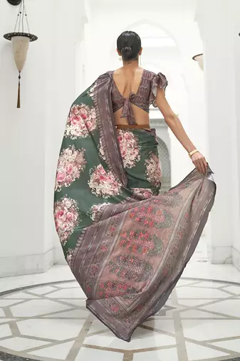 Dark green colour crepe silk blend digital print saree