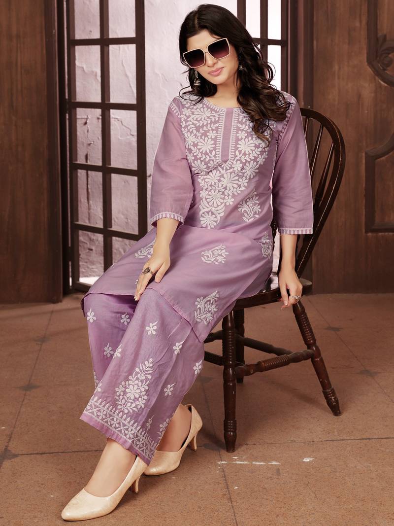 Dusty pink heavy cotton white thread work embroidered lucknowi chikankari mid-length straight kurta