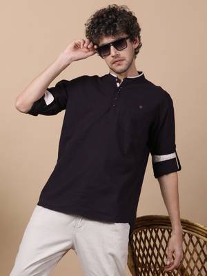 Black linen cotton short kurta 1