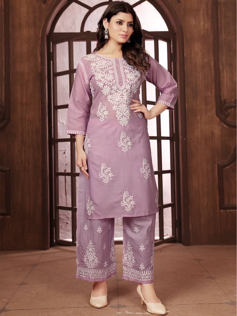 Dusty pink heavy cotton white thread work embroidered lucknowi chikankari mid-length straight kurta