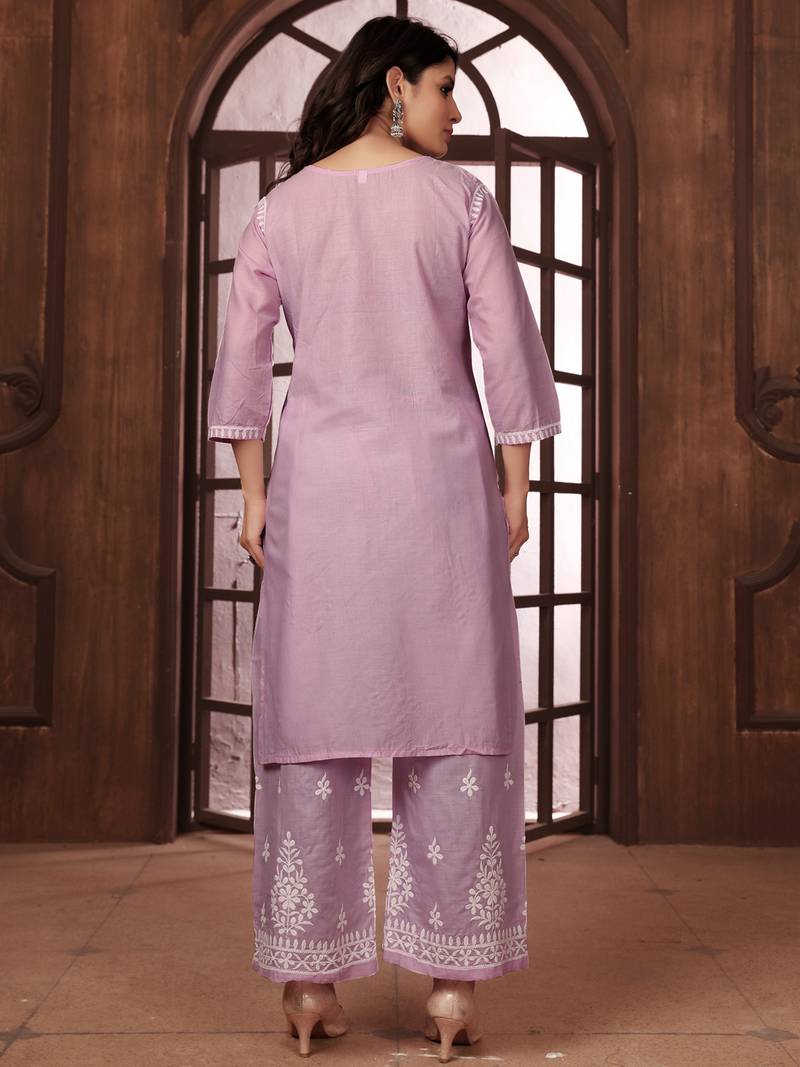 Dusty pink heavy cotton white thread work embroidered lucknowi chikankari mid-length straight kurta