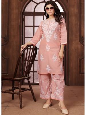 Peach heavy cotton white thread work embroidered lucknowi chikankari mid-length straight kurta 5