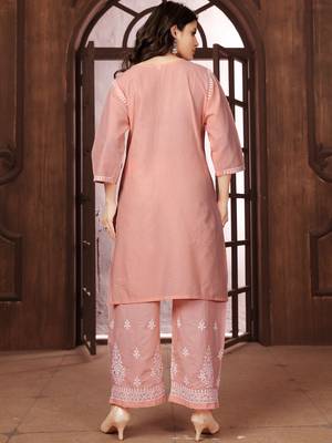 Peach heavy cotton white thread work embroidered lucknowi chikankari mid-length straight kurta 6