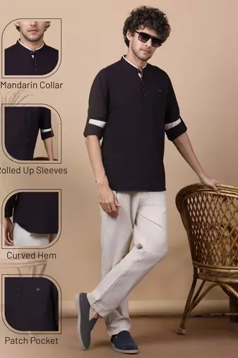 Black linen cotton short kurta