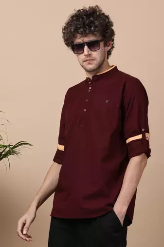 Maroon linen cotton short kurta