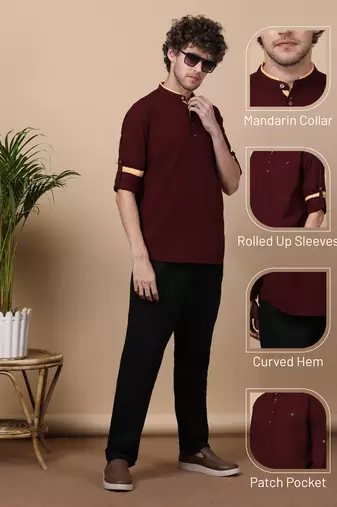 Maroon linen cotton short kurta