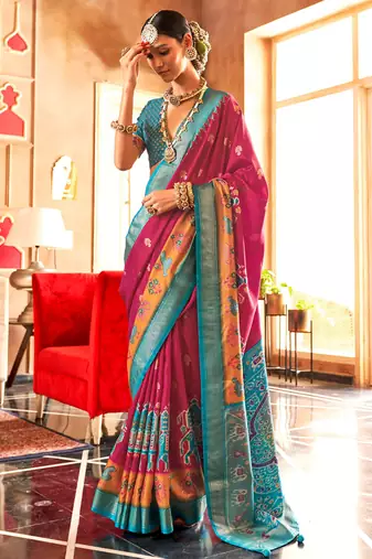 Patola print hot pink silk blend saree