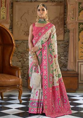 Banarasi silk blend weaving white saree 1