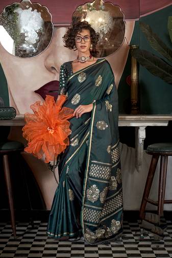 Satin silk blend dark green weaving designer saree