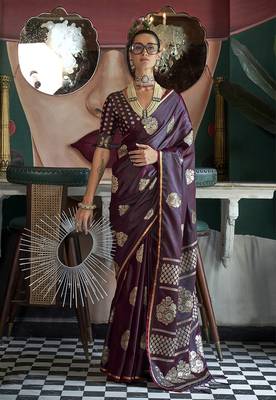 Satin silk blend wine weaving saree 1