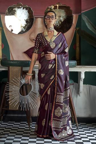 Satin silk blend wine weaving designer saree