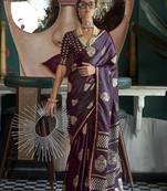 Satin silk blend wine weaving designer saree