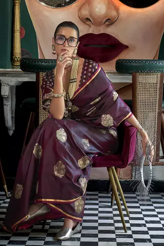 Satin silk blend wine weaving saree