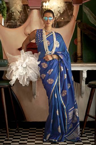 Satin silk blend blue weaving designer saree