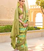 Silk blend olive foil print ceremonial saree