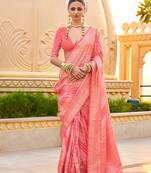 Silk blend peach foil print ceremonial saree