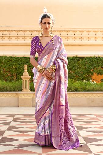 Silk blend purple foil print ceremonial saree
