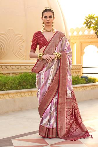 Silk blend maroon foil print ceremonial saree