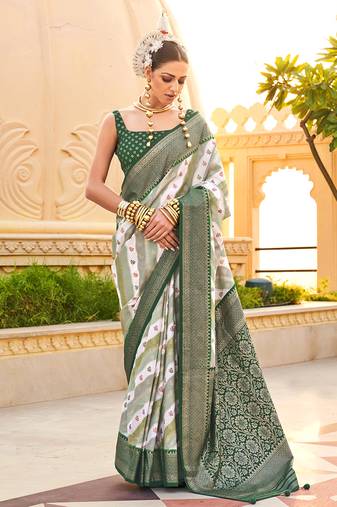 Silk blend green foil print ceremonial saree