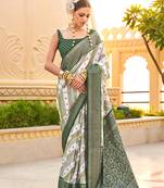 Silk blend green foil print ceremonial saree