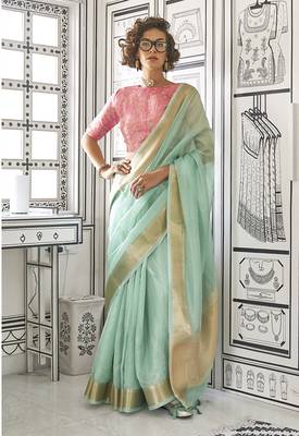 Faux Chiffon weaving aqua blue saree 1