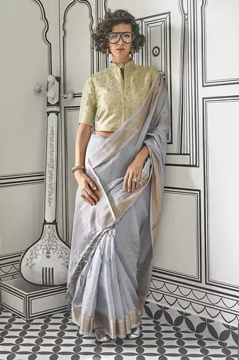 Faux Chiffon weaving grey saree