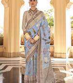 Aqua blue foil print art silk blend saree