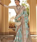 Turquoise foil print art silk blend saree