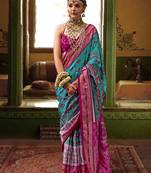 Silk blend patola print aqua blue designer saree