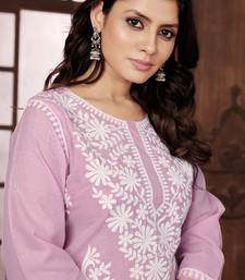 Pastel pink heavy cotton white thread work embroidered lucknowi chikankari mid-length straight kurta