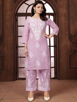 Pastel pink heavy cotton white thread work embroidered lucknowi chikankari mid-length straight kurta 4