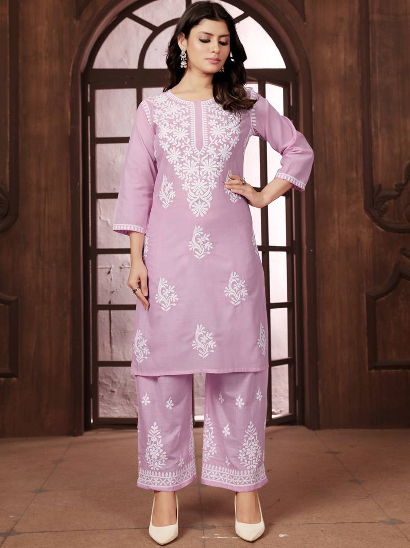 Pastel pink heavy cotton white thread work embroidered lucknowi chikankari mid-length straight kurta