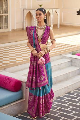 Aqua blue & magenta silk blend foil print saree
