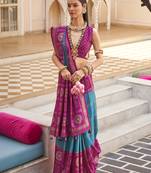 Aqua blue & magenta silk blend foil print saree