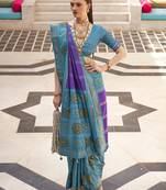 Purple & aqua blue silk blend foil print saree