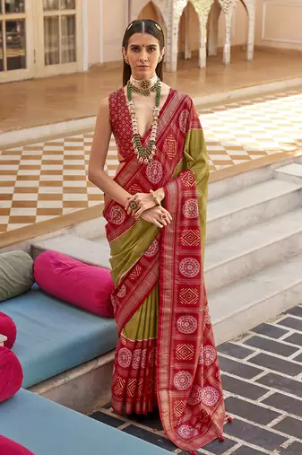 Olive & red silk blend foil print saree