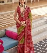 Olive & red silk blend foil print saree