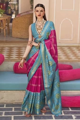 Rani pink & aqua blue silk blend foil print saree