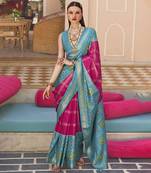 Rani pink & aqua blue silk blend foil print saree