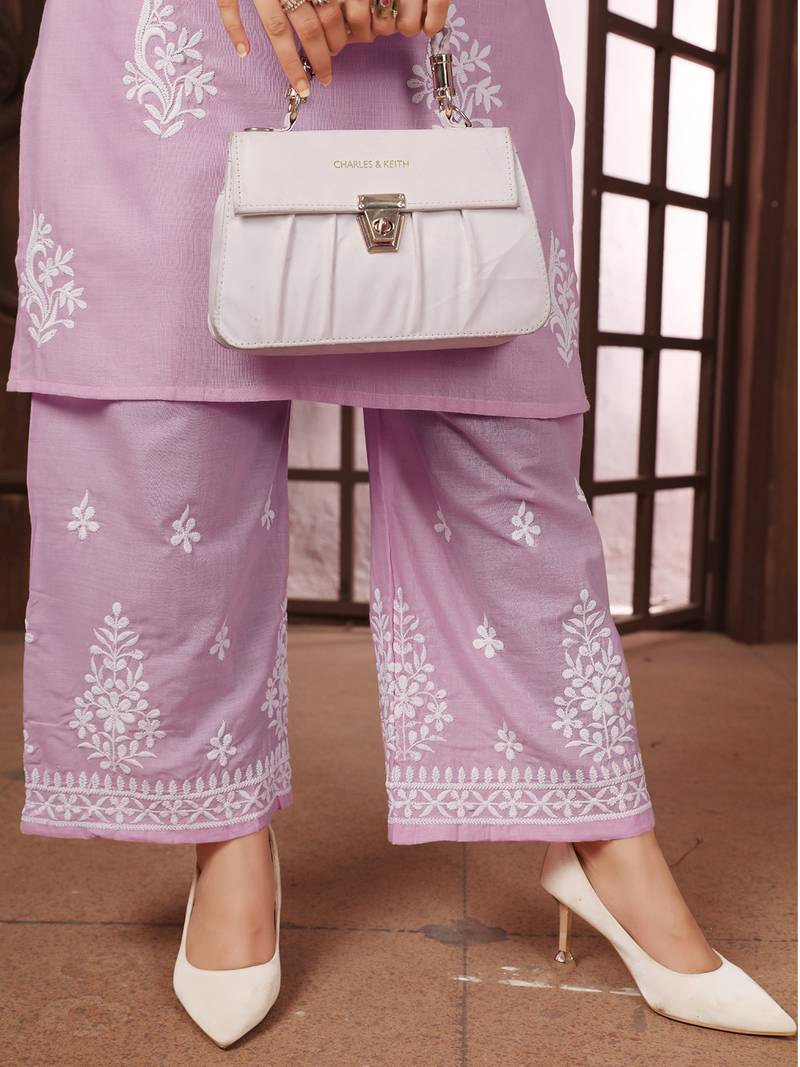 Pastel pink heavy cotton white thread work embroidered lucknowi chikankari mid-length straight kurta