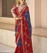 Navy blue & maroon silk blend foil print saree