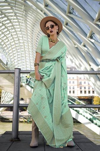 Katan silk blend light cyan weaving saree