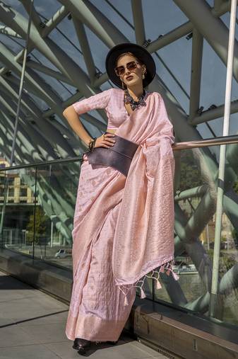 Katan silk blend light pink weaving saree